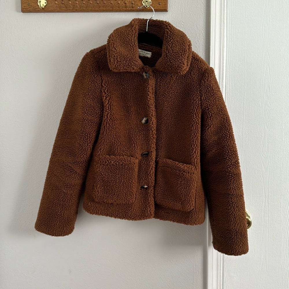 Miss Selfridge teddy trucker jacket in chocolate size Small
